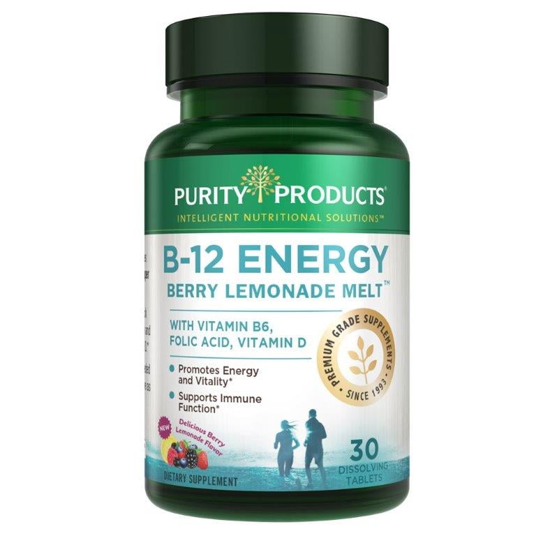 B-12 Energy Berry Lemonade Melt w/ Super Fruits by Purity Products - Methylcobalamin B12 - Vitamins B6, D3, Folic Acid and Biotin - High Absorption MecobalActive B 12 - 30 Melting Tablets