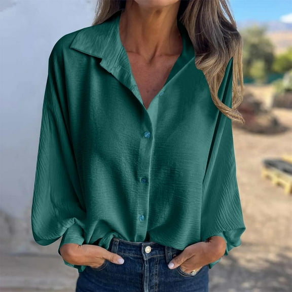 Women's Button Down Shirt Casual Raglan Long Sleeve Business Work Dressy Blouses Tops Loose Fit Lapel Collar Shirts