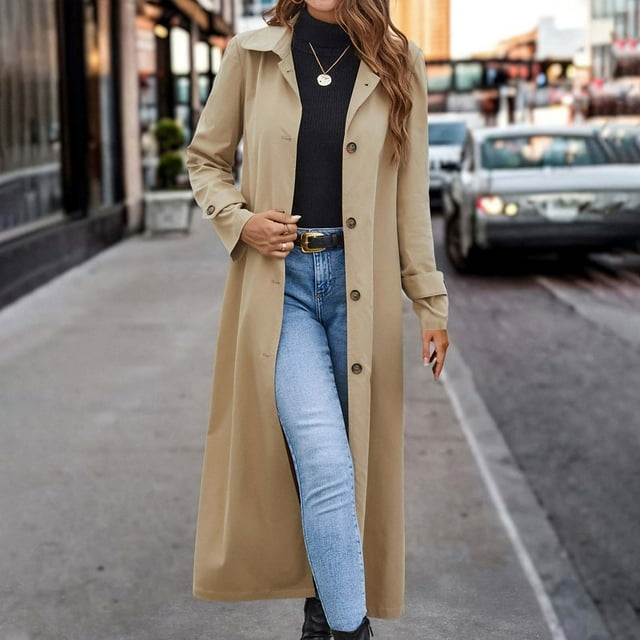 LOVZFMLL Jackets for Women's Button Solid Color Lapel Trench Coat Jacket