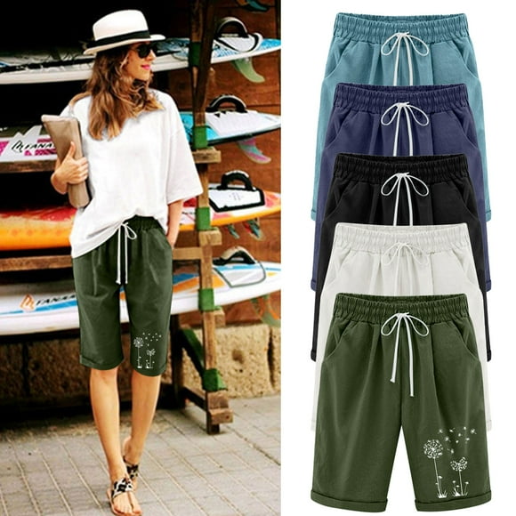 QATAINLAV Womens Summer Cotton Linen Shorts Casual Drawstring Wide Leg Beach Shorts Fashion Dandelion Print Bermuda Shorts with Pockets Back to College Sale Black S
