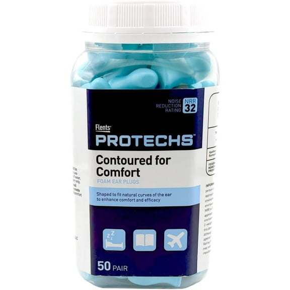 Flents Protechs Contoured for Comfort Foam Ear Plugs (NRR 32), 50 Pair, Blue