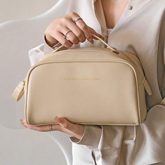 Multifunctional Creative Double Zipper Simple Solid Color Pu Leather Large Travel Toiletry Bag Women Cosmetic Bag Storage Bag Makeup Case WHITE