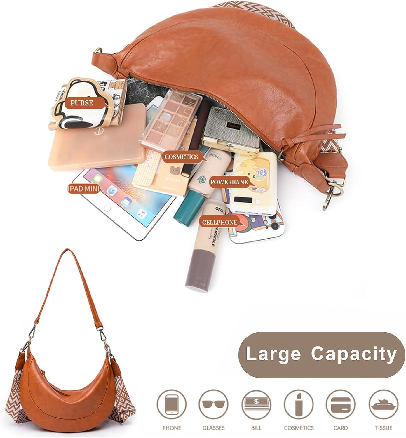 HMSHA Crescent Shoulder Bags for Women Trendy Crossbody Purse Vegan Leather Handbag with Wide Strap for Travel