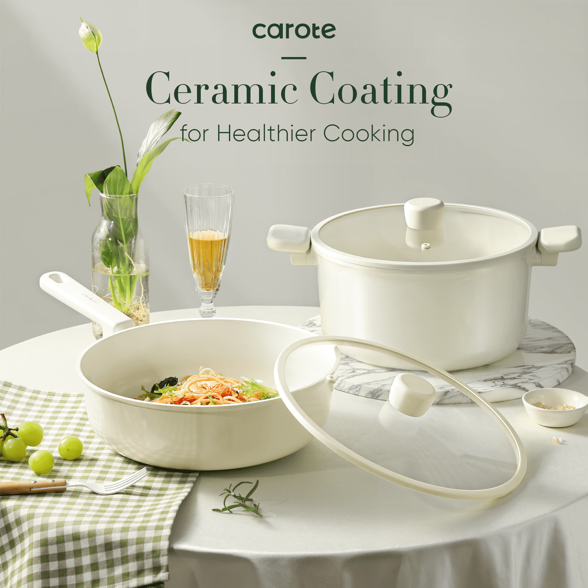Carote Nonstick Ceramic Cookware Set 12-Piece,Kitchen Pots and Pans Set,Stay-Cool Handles,Induction Compatible,Cookware Set for RV and Camping,White