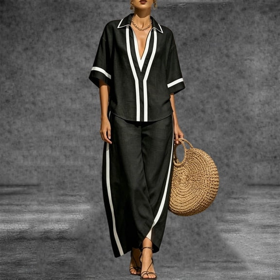 BRELIL Women Plus Size Two Piece Sets V Neck Short Sleeve Shirt Wide Leg Long Pants Casual Lounge Solid Boho Vacation Travel Outfits Fall Summer Tracksuit, Black 3XL