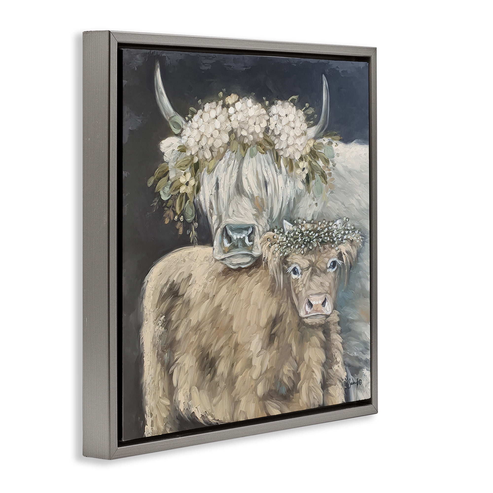 Stupell Industries Highland Cattle with Flower Garlands Animals & Insects Painting Gray Floater Framed Canvas Art Print Wall Art, 18 x 18