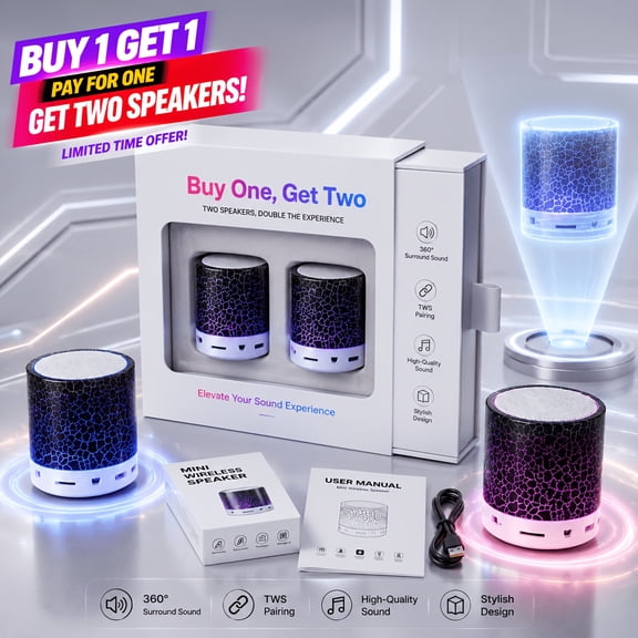 Bluetooth Speaker Pair with LED Lights, Mini Wireless Speakers for TWS Stereo, Black, 2 Pack