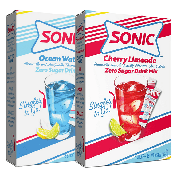 Sonic Singles To Go Powdered Drink Mix, 1 Ocean Water and 1 Cherry Limeade Flavored Water Enhancer Sugar Free and Non Carbonated Beverages Quick Convenient 2 Boxes 6 Sticks each 12 Total Servings
