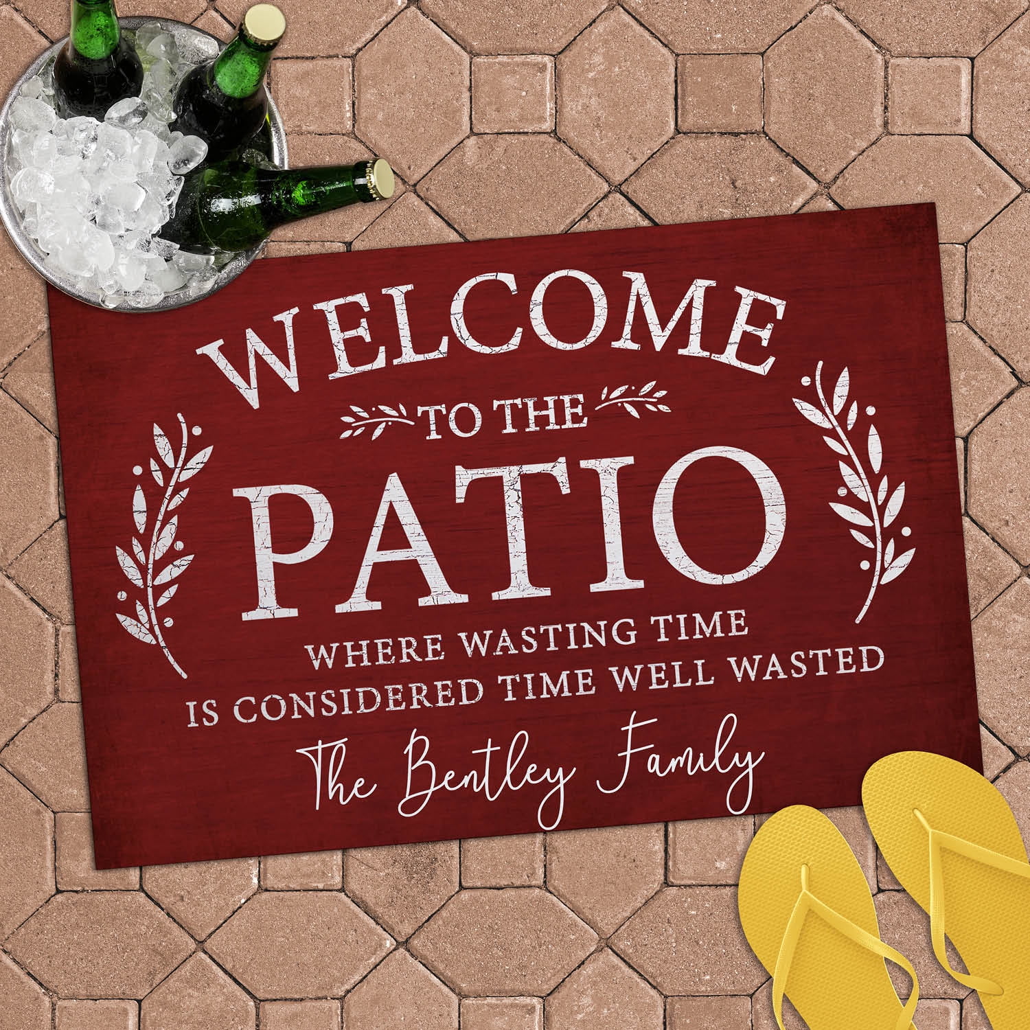 Personalized Planet 27x18 Welcome To The Patio Where Wasting Time is Considered Time Well Wasted Doormat with Custom Name Printed on Red Rectangular 1/4” Thick Non Slip Mat