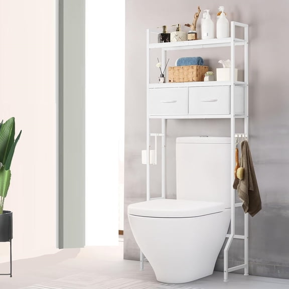 Over The Toilet Storage Cabinet with Drawer and Roll Holder, White Wooden Bathroom Organizer Shelf