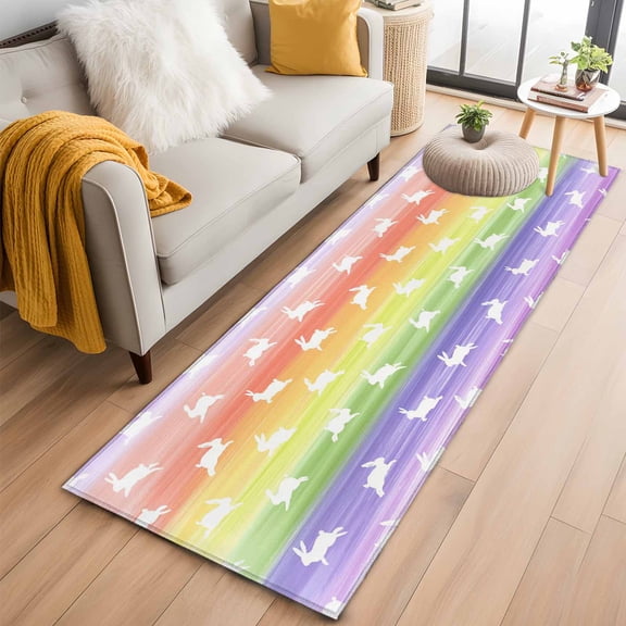 Easter 2'x6' Runner Rugs for Hallway Kitchen Bedside Non Slip, Spring Rabbit Silhouette Colorful Rainbow Graffiti Entryway Rug Runners with Rubber Backing, Long Carpet Runner for Laundry Room