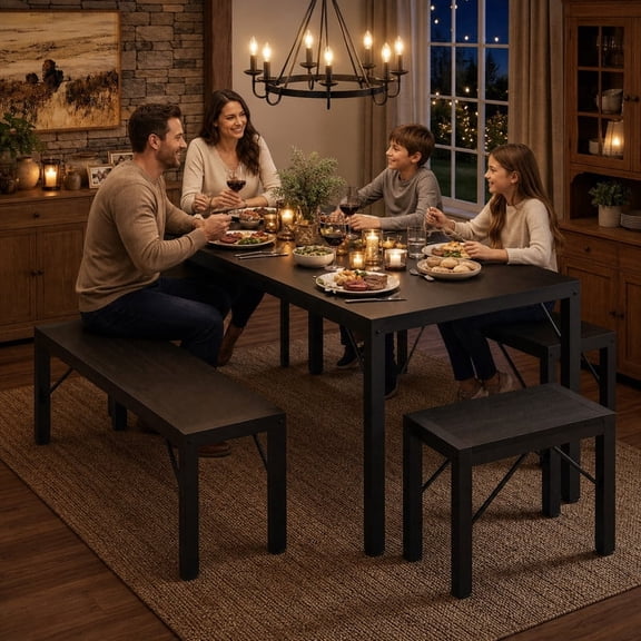 6-Seater Dining Table Set with Benches & Stools, Space-Saving Design for Kitchen, Breakfast Nook, or Patio, Black