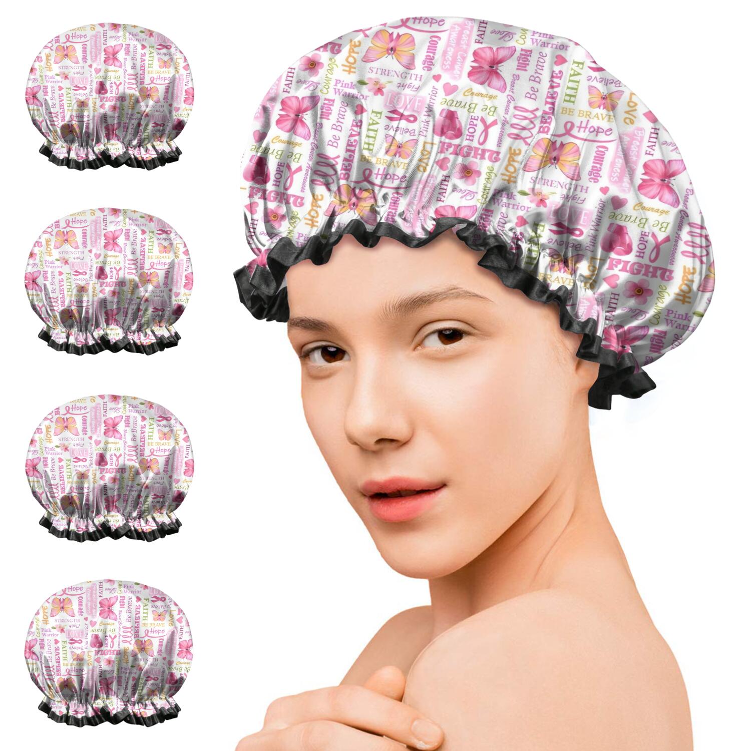 Shower Caps,Pink Butterfly Word Pattern Waterproof Shower Cap for Women 4 Pieces,Double Reusable Hair Cover for Shower PEVA Elastic Stretch Hem