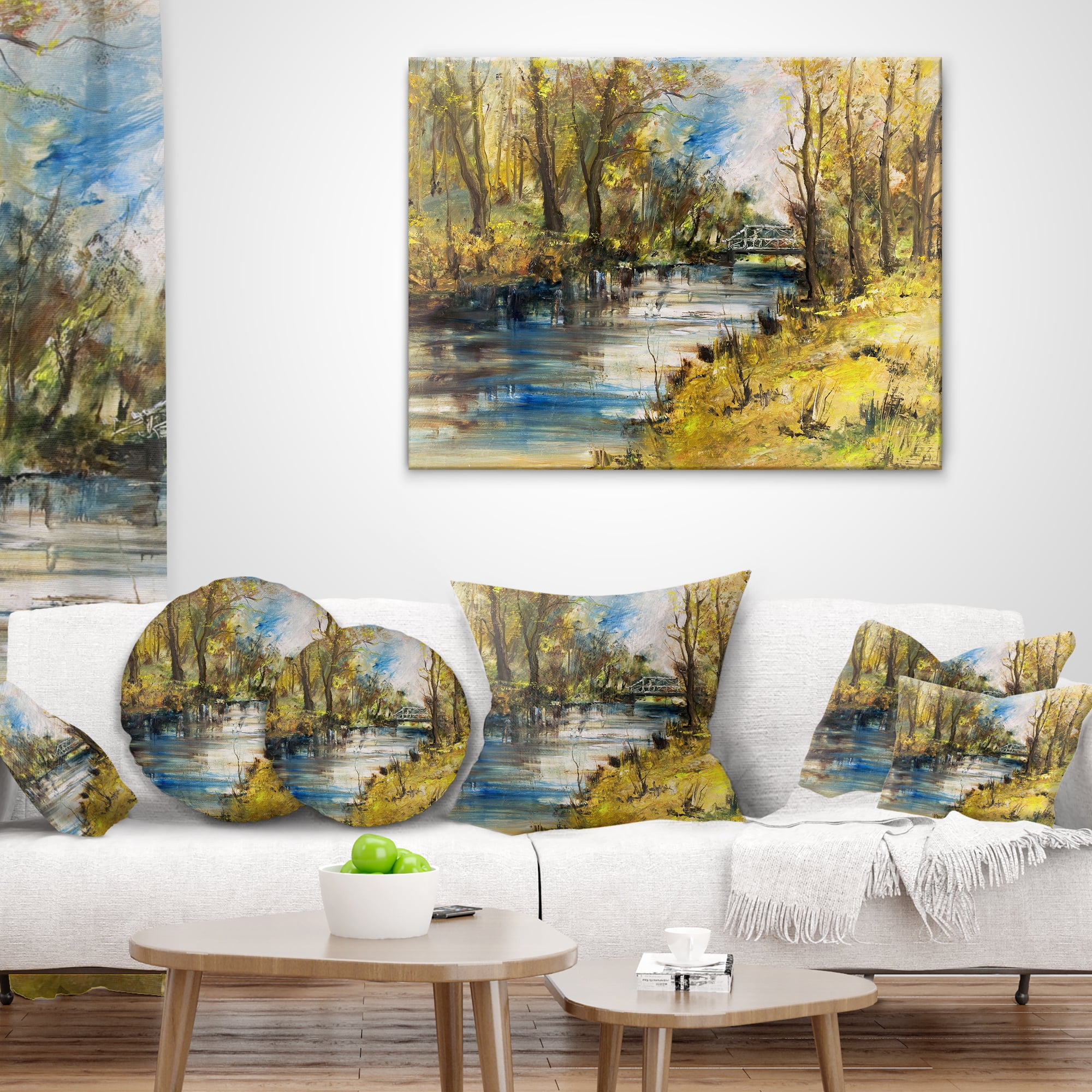Designart Bridge Over River Oil Painting - Landscape Painting Throw Pillow - 12x20