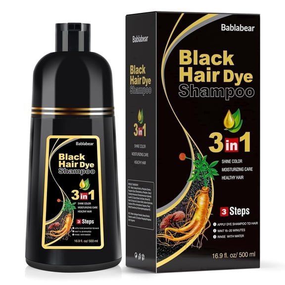 Bablabear Black Hair Dye Shampoo for Gray Hair, Semi-Permanent Hair Color Shampoo for Women and Men, Herbal Ingredients, 3 in 1 100% Grey Coverage.Lasts 30 Days/16.9fl oz/Natural herbal Ingredients