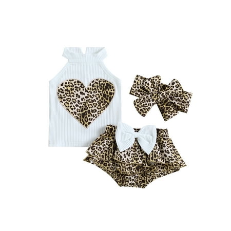 

Bagilaanoe 3pcs Newborn Baby Girl Short Pants Set Leopard Print Heart Sleeveless Tank Tops + Ruffles Shorts + Headband 3M 6M 9M 12M 18M Infant Casual Summer Outfits