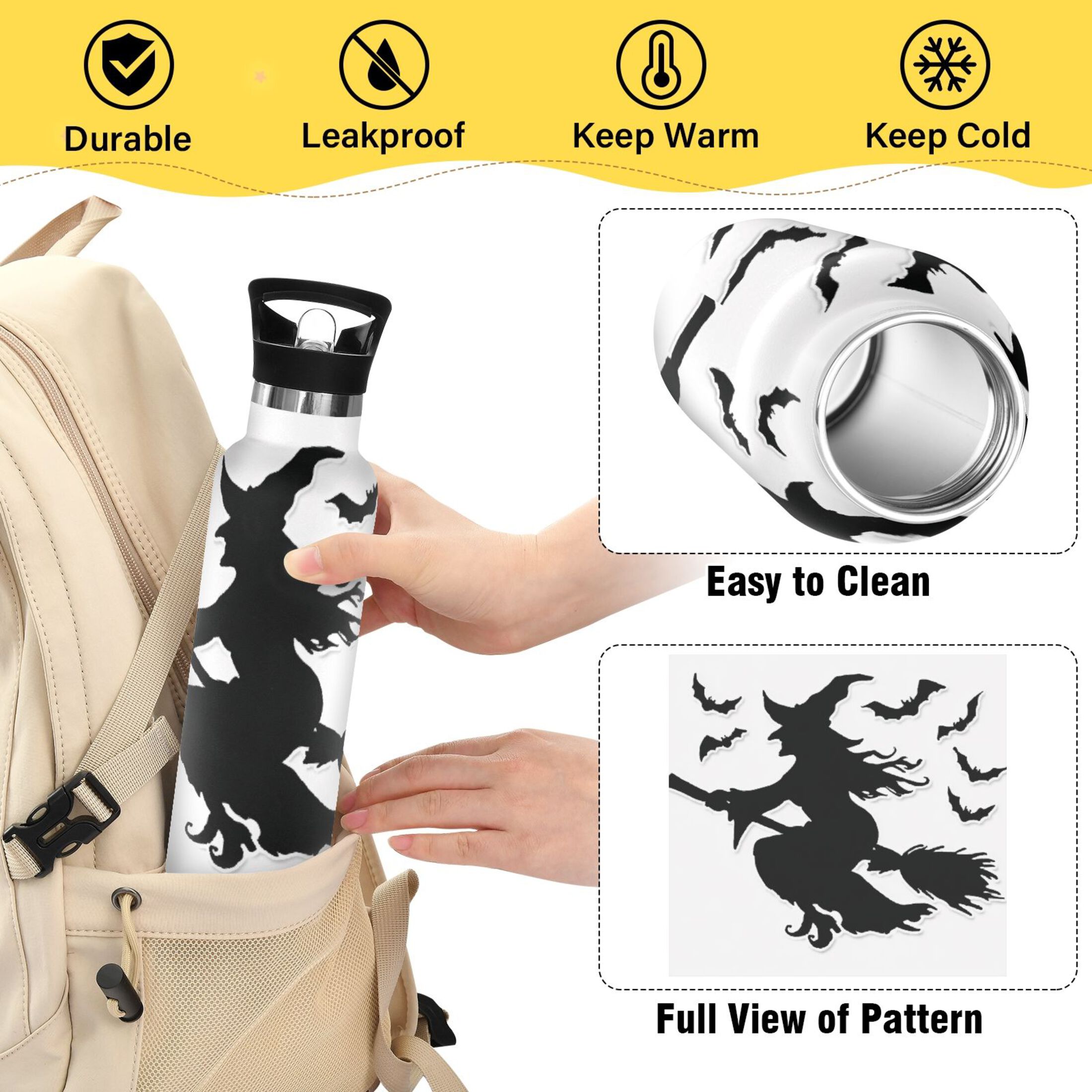 Kids Insulated Stainless Steel Sports Water Bottle 600ml (20oz) Witch Silhouette