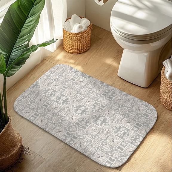 Oriental Floral Vintage Plush Flannel Bath Rug 16x24 Inches, Quick Dry Absorbent Non Slip Mat for Bathroom Sink Tub