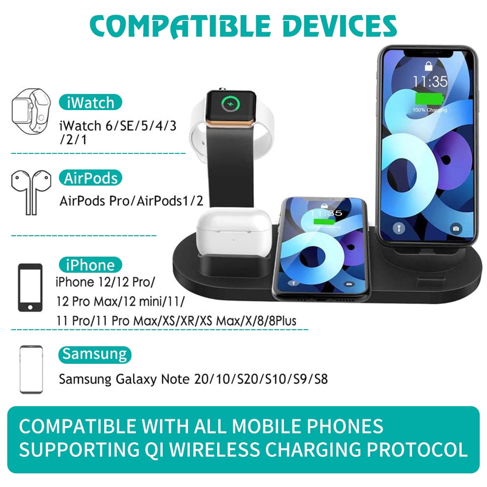 SHELLTON 3 in 1 Wireless Charger, Charging Station for Apple Watch(Need Original Charger), AirPods Pro/2, Wireless Charging Stand for iPhone 12 Pro Max/11 Pro Max/X/XS/XR and All Qi-Enabled Phones