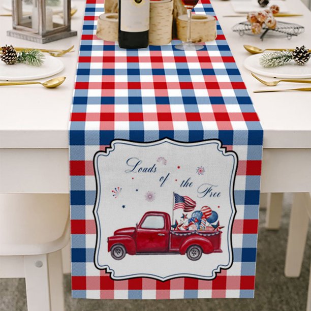 Cotton Linen Independence Day Table Runner,July 4th Patriotic Red White Blue Table Top Covers