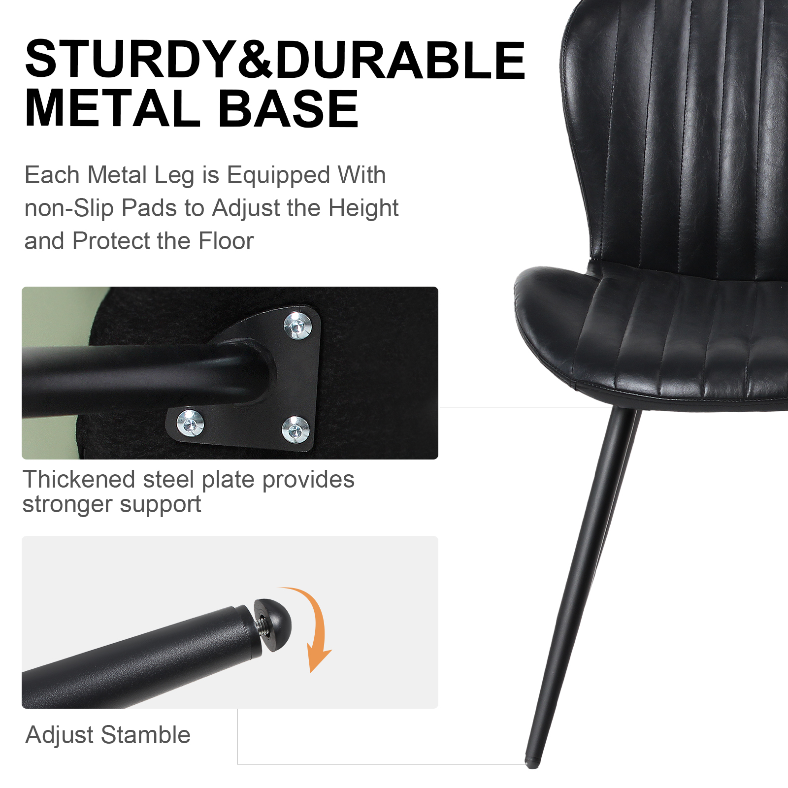 Set of 2 Black Modern Dining Chairs, 2nd-Gen Leather Upholstery, Ergonomic Curved Backrest, Sturdy Metal Legs, 400 lbs Capacity, Waterproof & Scratch Resistant
