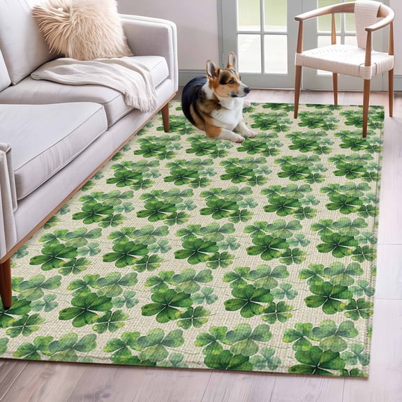 Area Rugs for Living Room Bedroom, St Patricks Day 4'x6' Rug Washable Carpet Runner Indoor Outdoor, Spring Green Shamrock on Linen Non Slip Accent Floor Mats Rug for Kitchen, Office