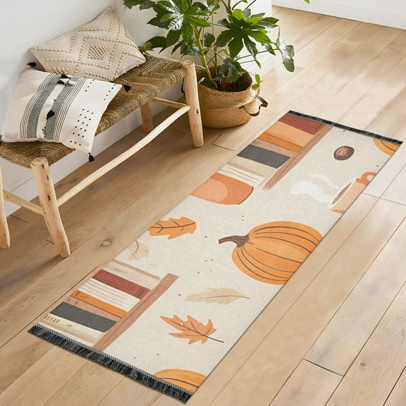 Yayeee Runner Rug for Bedroom 2'x6' Machine Washable Hallway Non Slip Mat, Beige Fall Acorns Pattern