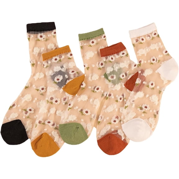 CAILDANL Women's 4 Pairs Sheer Mesh Flower Patterned Thin Casual Crew Socks Transparent Cute Summer Socks