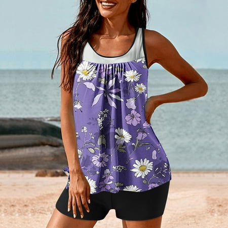 Odbmxy Womens Swimsuits Tankini Beachwear Swimsuits Women Soft Two Piece Casual Floral Swimwear Purple M
