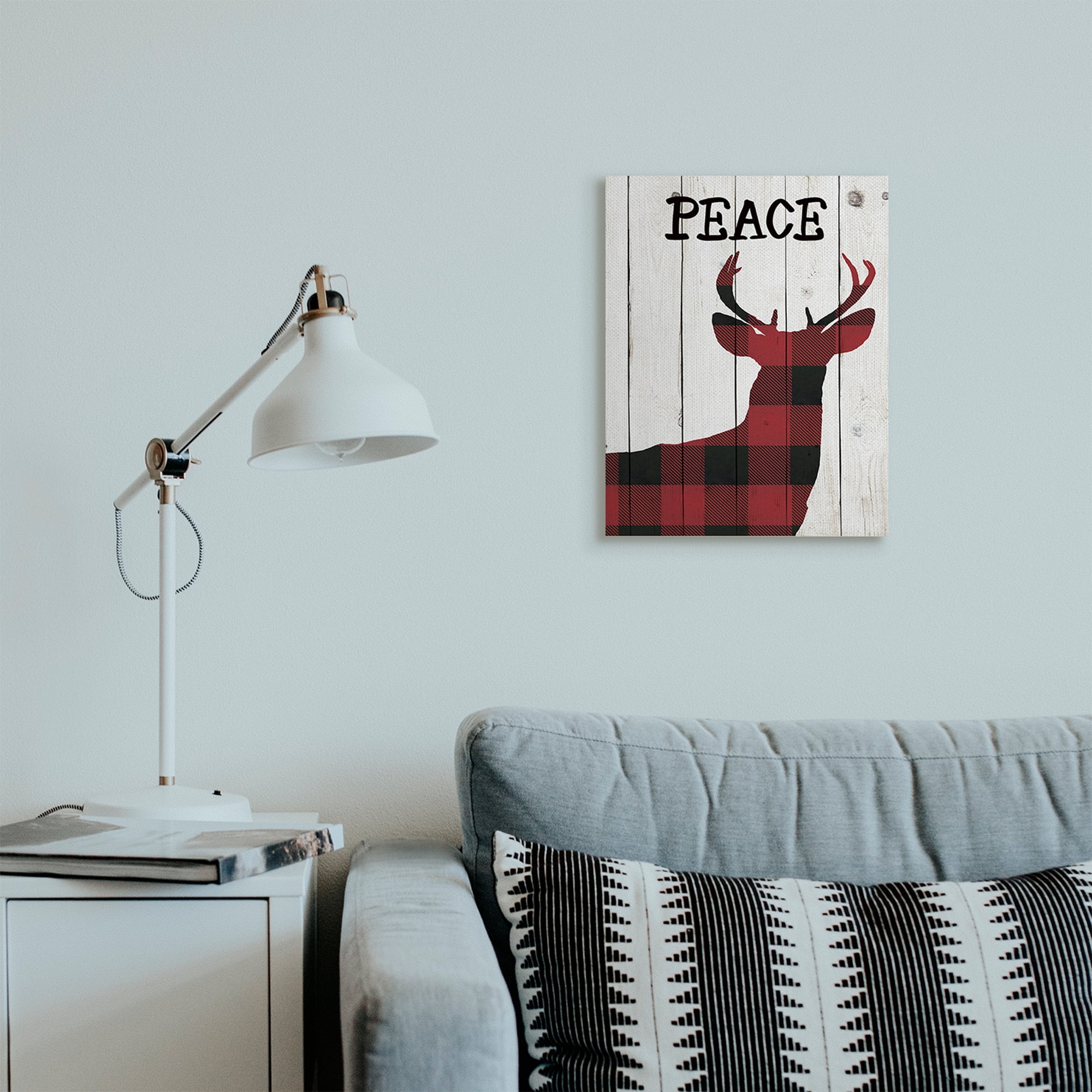 Stupell Industries Checker Plaid Reindeer Rustic Peace Text Holiday Painting Gallery Wrapped Canvas Art Print Wall Art, 16 x 20