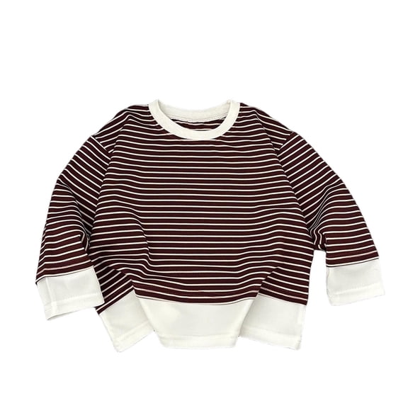 Brown White Boys Striped Long Sleeve Shirt for Kids Kids, Soft Polyester Casual Top with Faux Two Piece Layered Look & Loose Fit,Size 9-10 T
