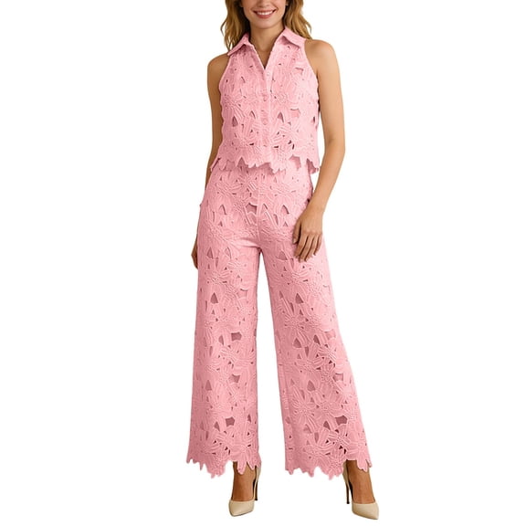 Two Piece Outfits For Women Lapel Hollow Out Lace Vest Pants Set Floral Sleeveless Cropped Vest And Wide Leg Pants Suits