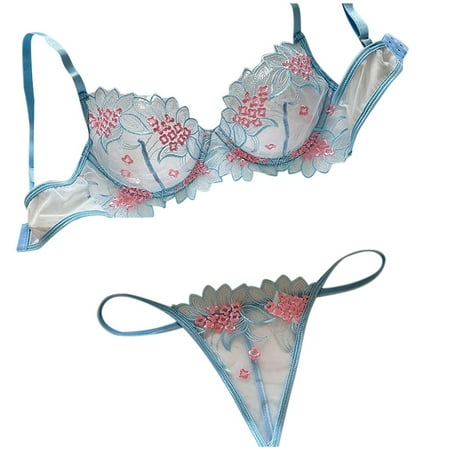 Yuhangmm Ladies Fashion Sexy Embroidery Printed Lace Thin Underwear Two Piece Set Bra Lingerie Pack
