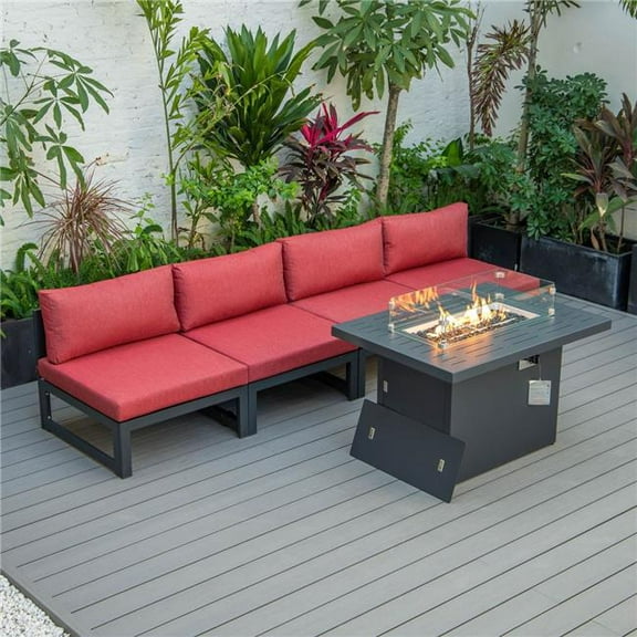 Chelsea Middle Patio Chairs & Fire Pit Table Set, Black Aluminum Frame with Cushions, Red - 5 Piece