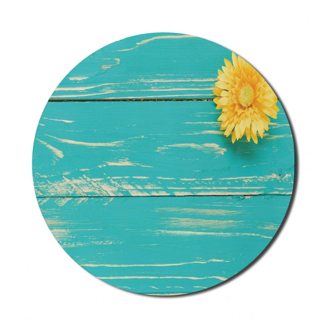 Rustic Mouse Pad for Computers, Flower on Vintage Wooden Backplane Floral Beauty Redolence Springtime Nature, Round Non-Slip Thick Rubber Modern Mousepad, 8" Round, Turquoise Yellow, by Ambesonne