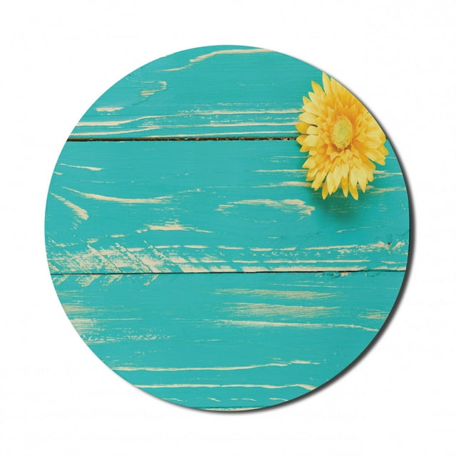 Rustic Mouse Pad for Computers, Flower on Vintage Wooden Backplane Floral Beauty Redolence Springtime Nature, Round Non-Slip Thick Rubber Modern Mousepad, 8" Round, Turquoise Yellow, by Ambesonne