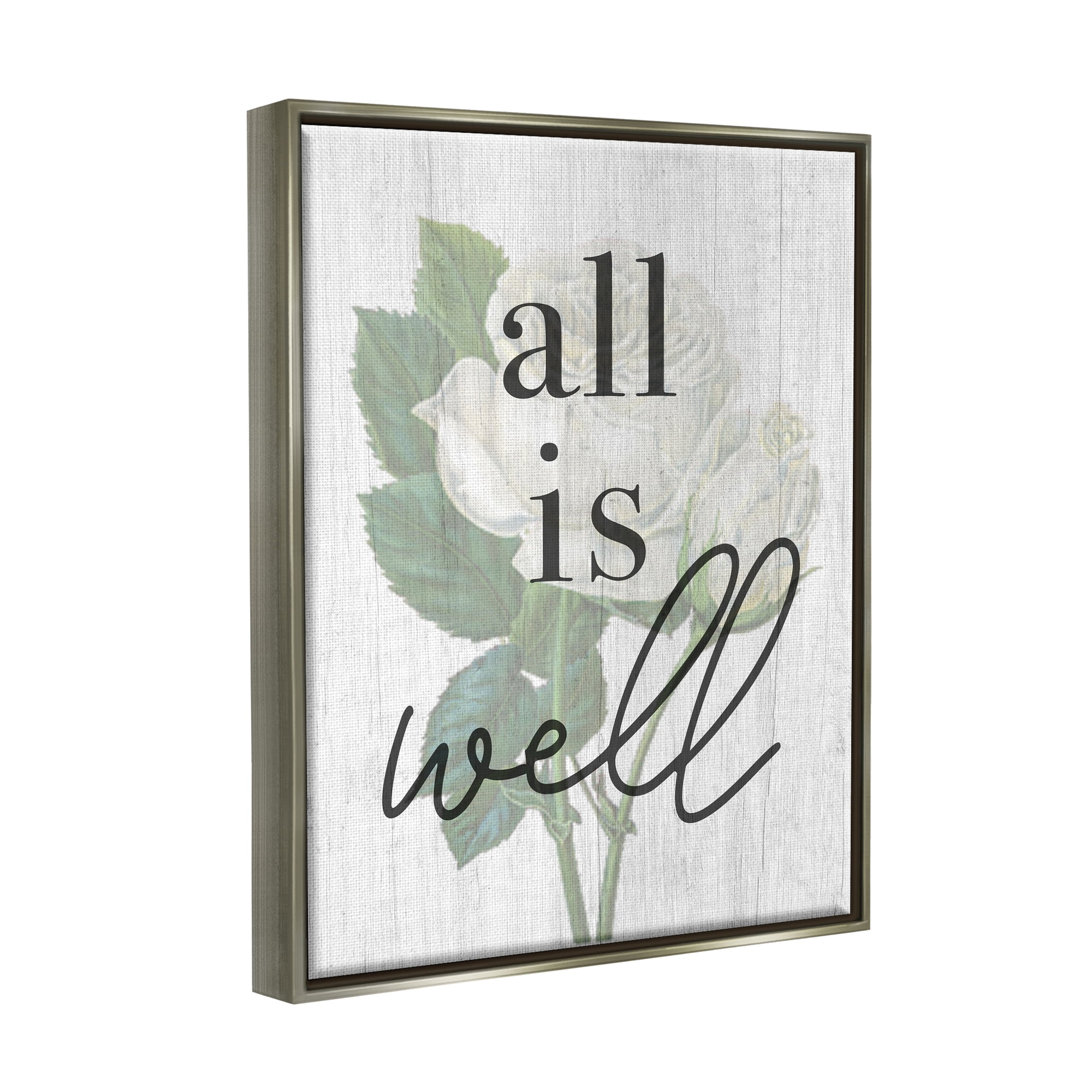 Stupell Industries Floral All is Well Phrase Inspirational Painting Gray Floater Framed Art Print Wall Art, 25 x 31