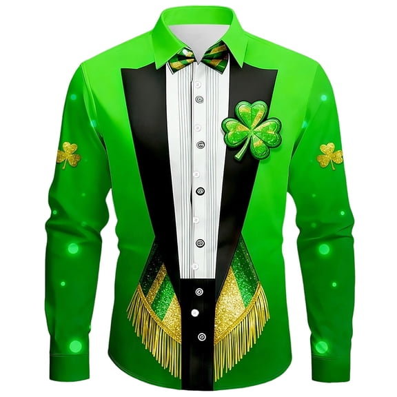 XDZJLR Mens St Patricks Shirt Shamrock Irish Green Clover Leaf Funny Graphic Long Sleeve Casual Button Down Saint Patricks Day Party Holiday Golf Shirt S-Xxxxxl