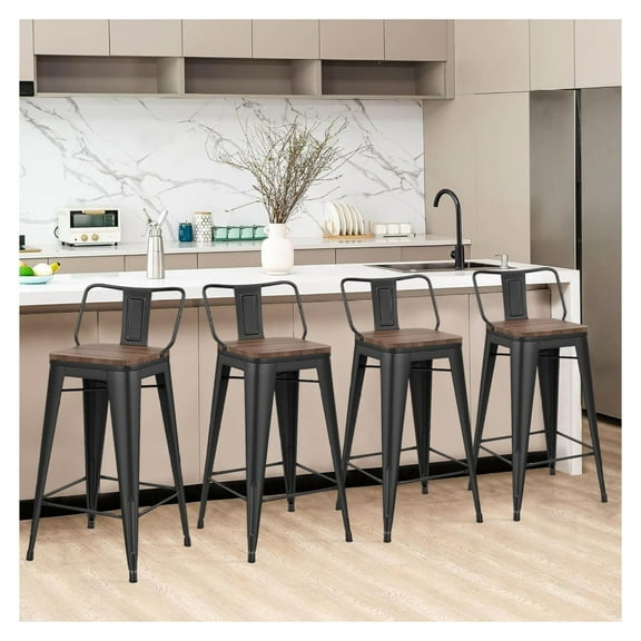 YOSITiuu 26" Low Back Metal Counter Stool Height Bar Stools with Wooden Seat [Set of 4] Barstools, Matte Black