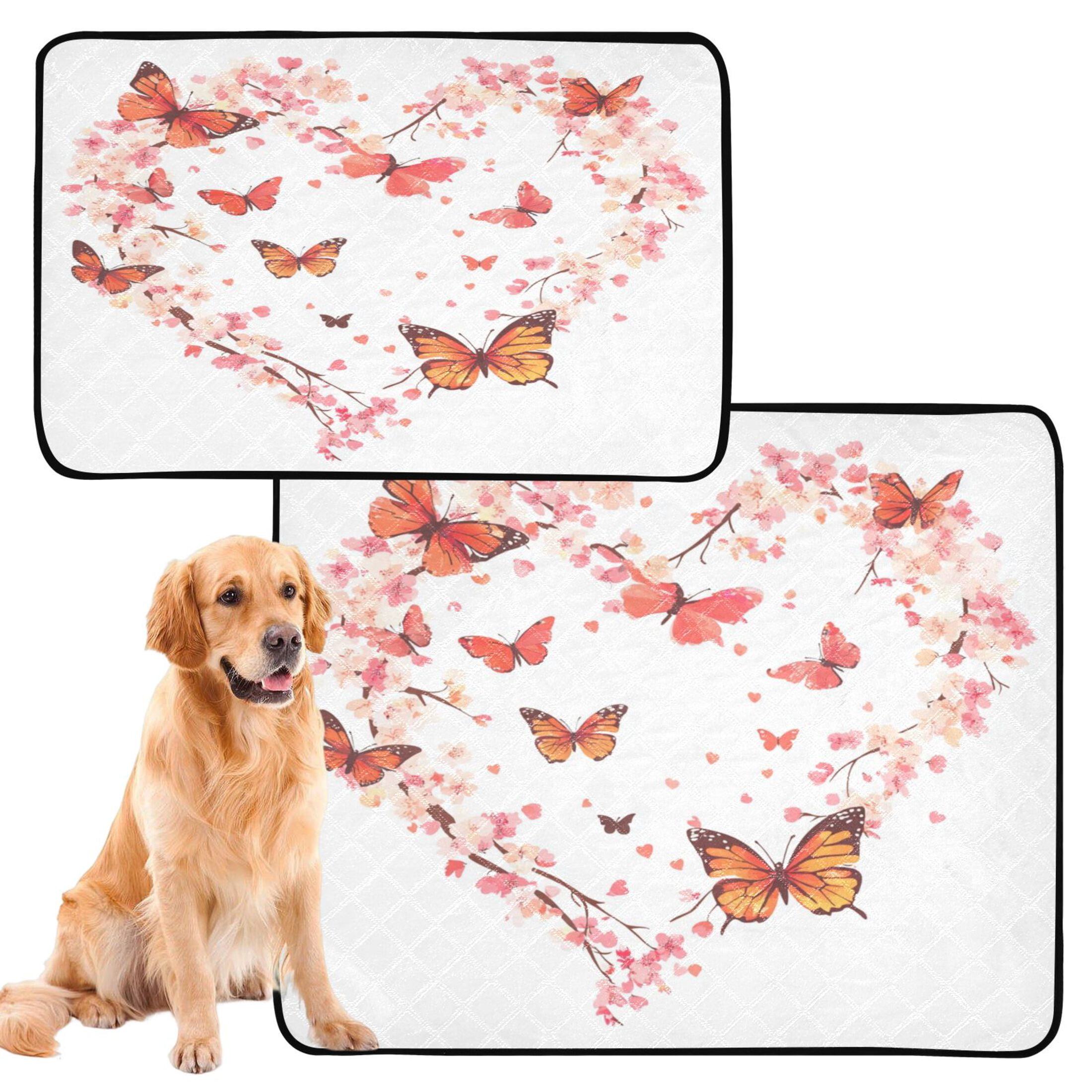 Qxltty Orange Butterfly Pink Floral Cat litter Pads Pet Set of 3 Diaper Mats Center Anti-leakage Layer Absorbent Soft and Comfortable