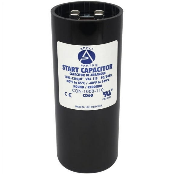 Appli Parts motor start capacitor 1000-1200 Mfd (microfarads) uF 110-125 VAC universal fit for electric motor applications 1-3/4 in Diameter 4-3/8 in Height CON-1000-110