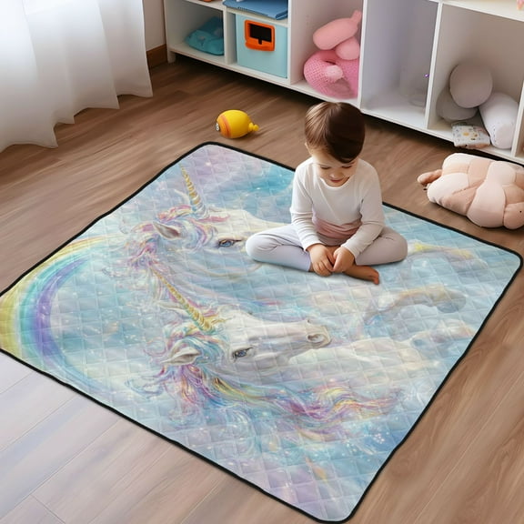 WOBOGO Rainbow Unicorns Baby Playmats Extra Large Waterproof Rollable Activity Pads for Toddlers 50×50inch