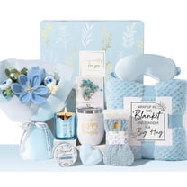 Birthday Gifts Baskets for Women, Self Care Package Get Well Soon Gift, Thinking of You Sympathy Spa Gift Set with Crochet Flower Bouquet for Her - Valentine's, Mother's Day Gifts, Blue