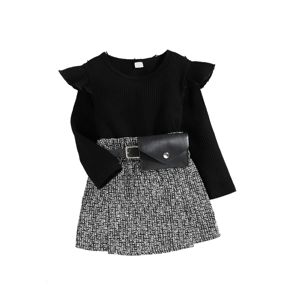 Kids Girls Autumn Clothes Set with Belt Bag 3 Pieces Long Sleeve Ribbed Tops Short Skirts Outfits for Stage Daily Black gray 120cm Walmart