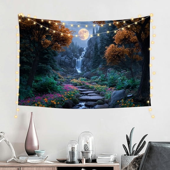 RKSupls Autumn Forest Scene Tapestry, Fall Foliage with Moonlit River and Waterfall Tapestry Suitable for Hanging for Decorative Wall Hanging, Decorative Bedroom, Living Room Decoration - 60*40in