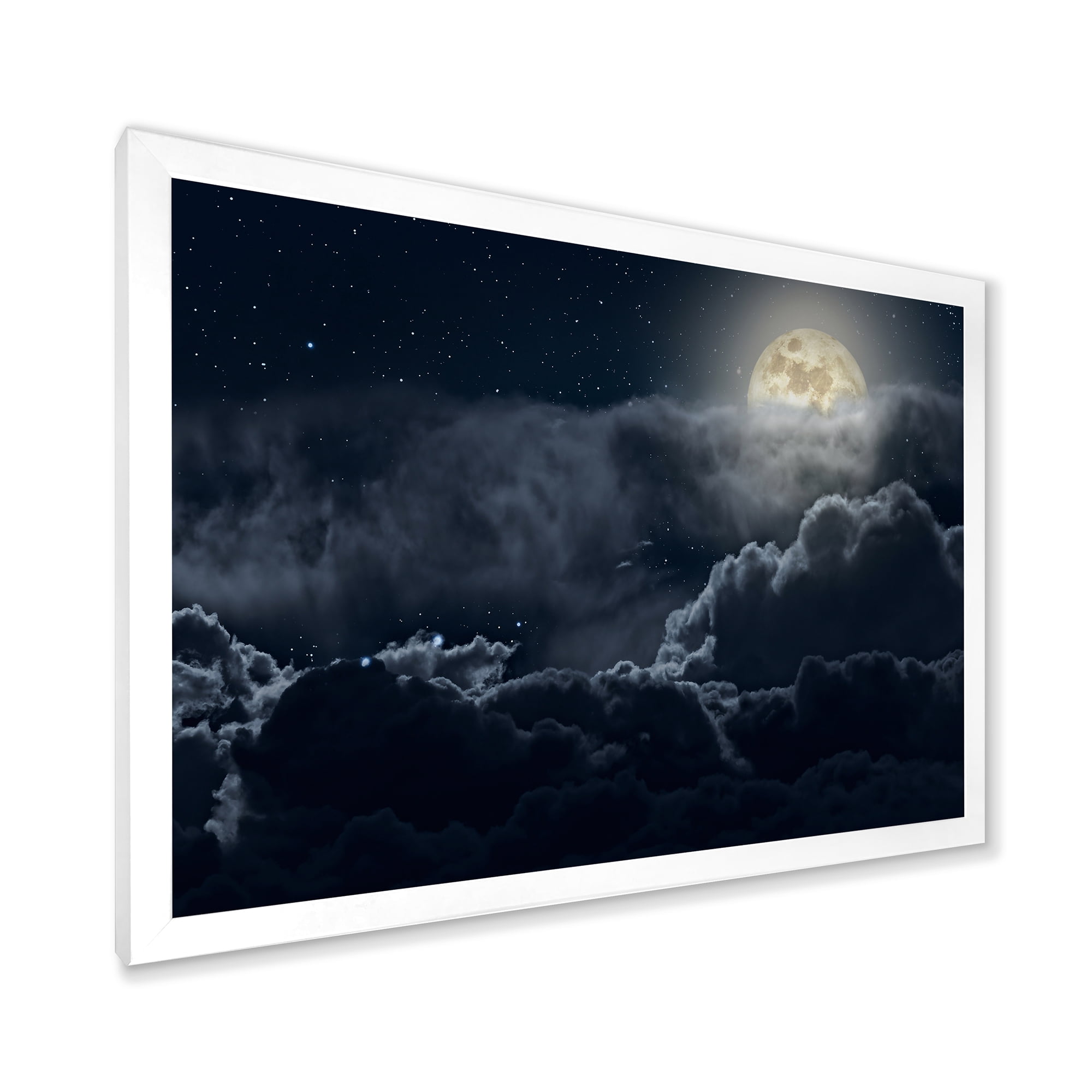 Designart 'Cloudy Full Moon Night With Stars' Nautical & Coastal Framed Art Print