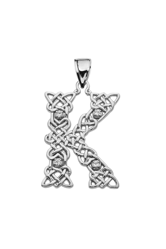 K" INITIAL IN CELTIC KNOT PATTERN WHITE GOLD PENDANT NECKLACE WITH DIAMOND :  14K  Pendant only