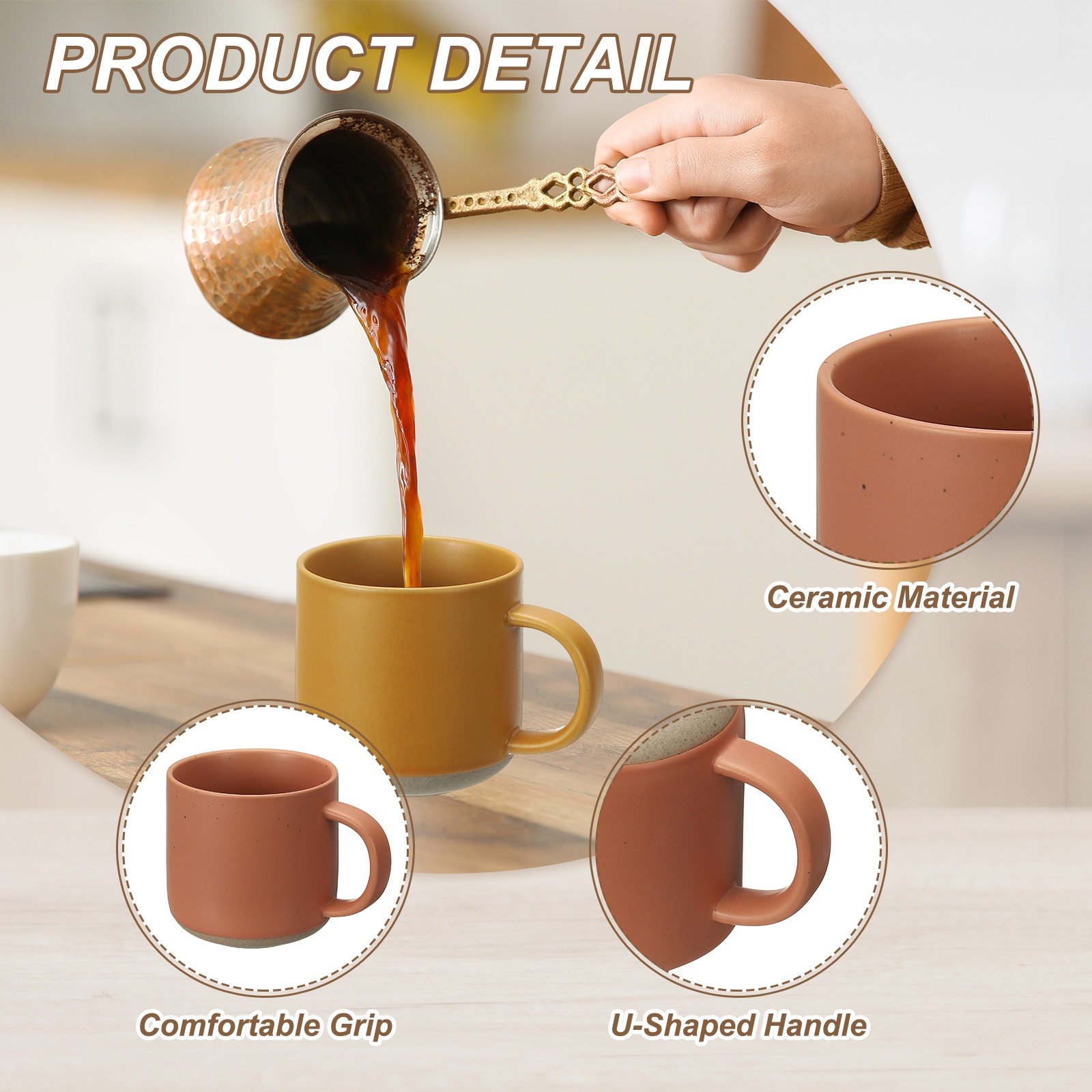Uxcell Handmade Vintage Espresso Cups, 12 oz Ceramic Coffee Mug Stoneware Tea Cup with Handle Dishwasher and Microwave Safe for Latte Cappuccino Milk Office Home Gifts, Orange