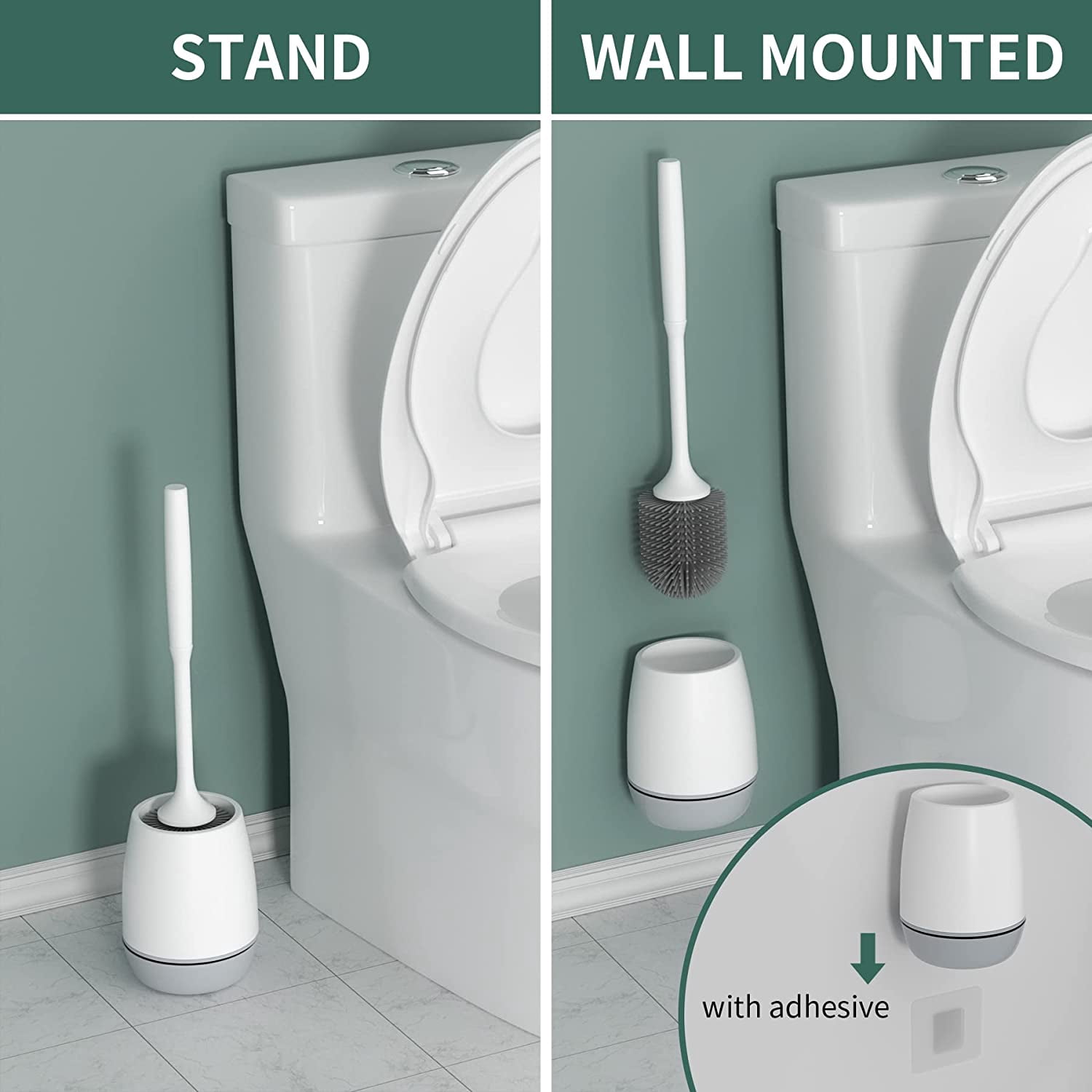Hibbent Long Handled Silicone Toilet Brush with Ventilated Drying Holder, Floor Standing or Wall Mounted, 2 Pack