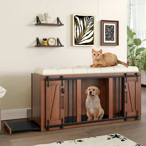 Jopath 56"L, Furniture Style 2 in 1 Dog Crate with Padded Seat, Sliding Barn Door, Luxury Wooden Dog Kennel, End of Bed Bench Ottoman with Removable Cushion for Bedroom,Walnut